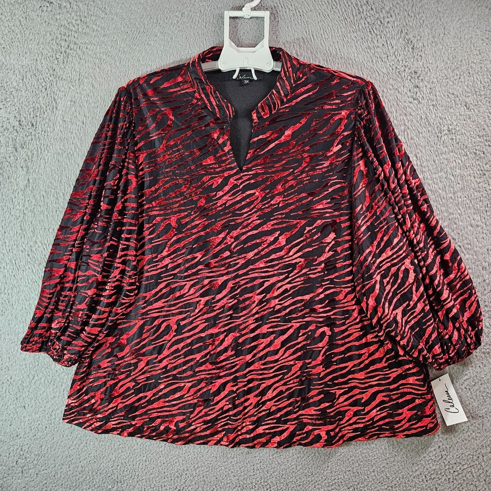NEW Calessa Top Blouse Women 3X Stretch Zebra‎ Print Split Neck Red Black Comfy